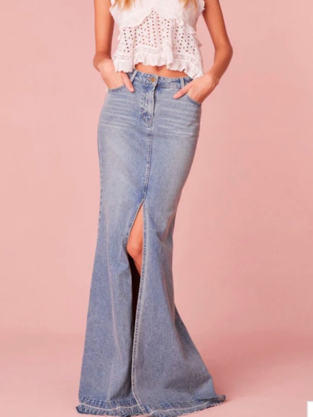 LoveShackFancy Light Blue High-Rise Maxi Denim Skirt with Front Slit